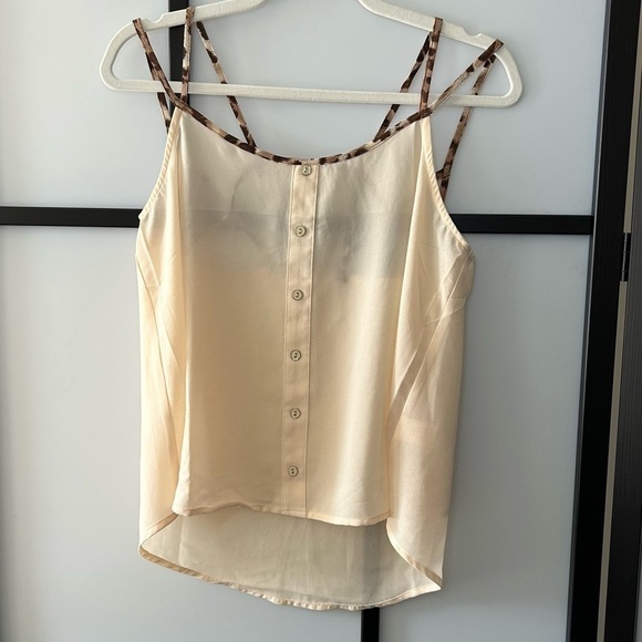 E&M Beige Creme Flowy Tank Top Blouse with Animal Print Straps Cute Buttons - Picture 2 of 12